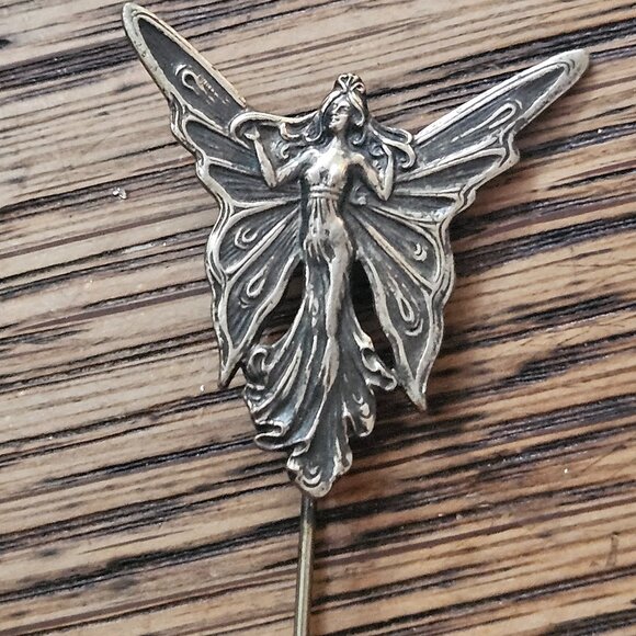 Jewelry - Antique Sterling Silver Art Nouveau Butterfly Angel Lady Stick Pin 3"